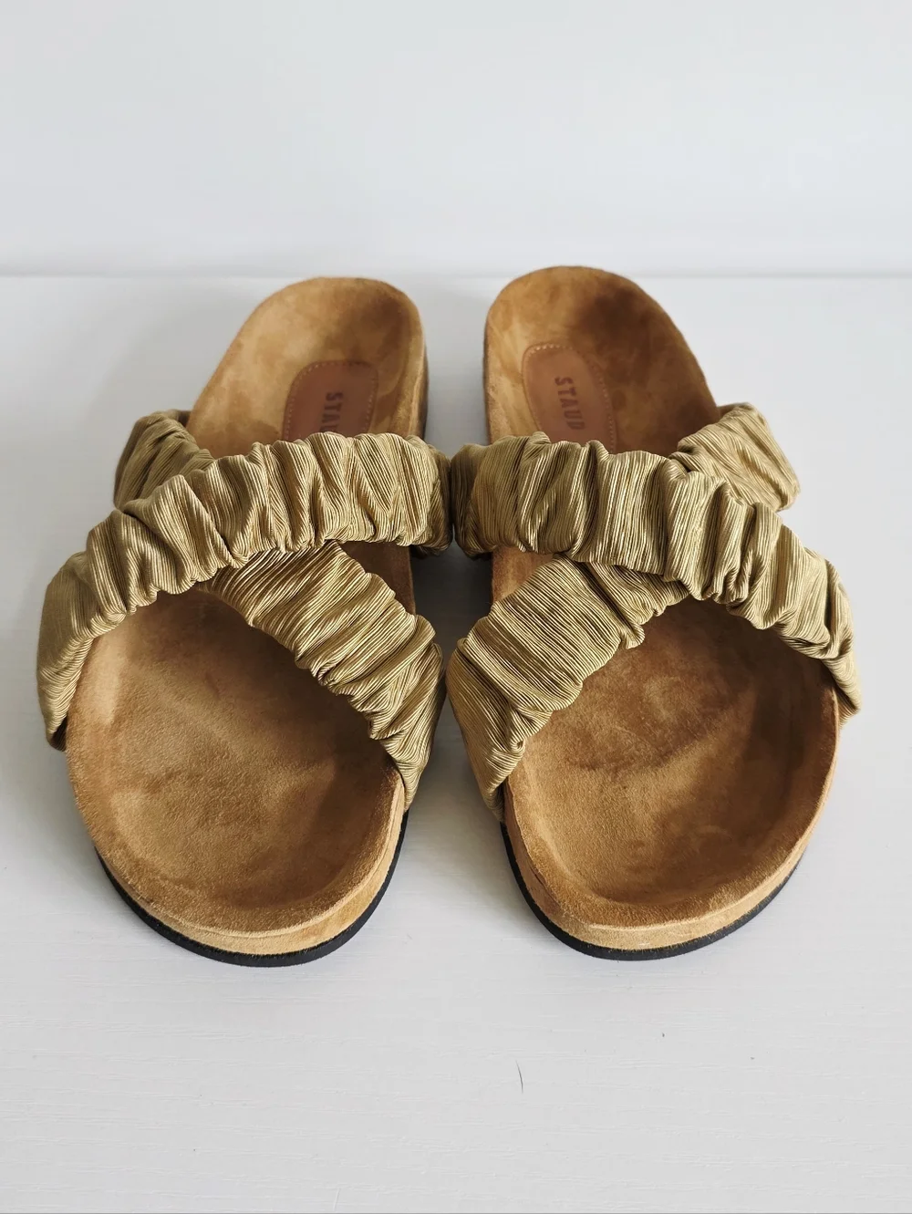 STAUD Ruched Crisscross Sandals in Tan/Beige